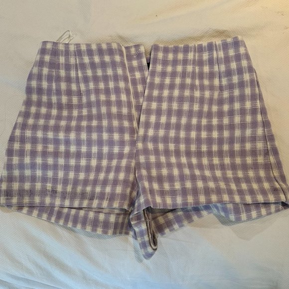 Zara Cotton Blend Purple White Micro Gingham Check High Waisted Mini Shorts - Picture 3 of 5